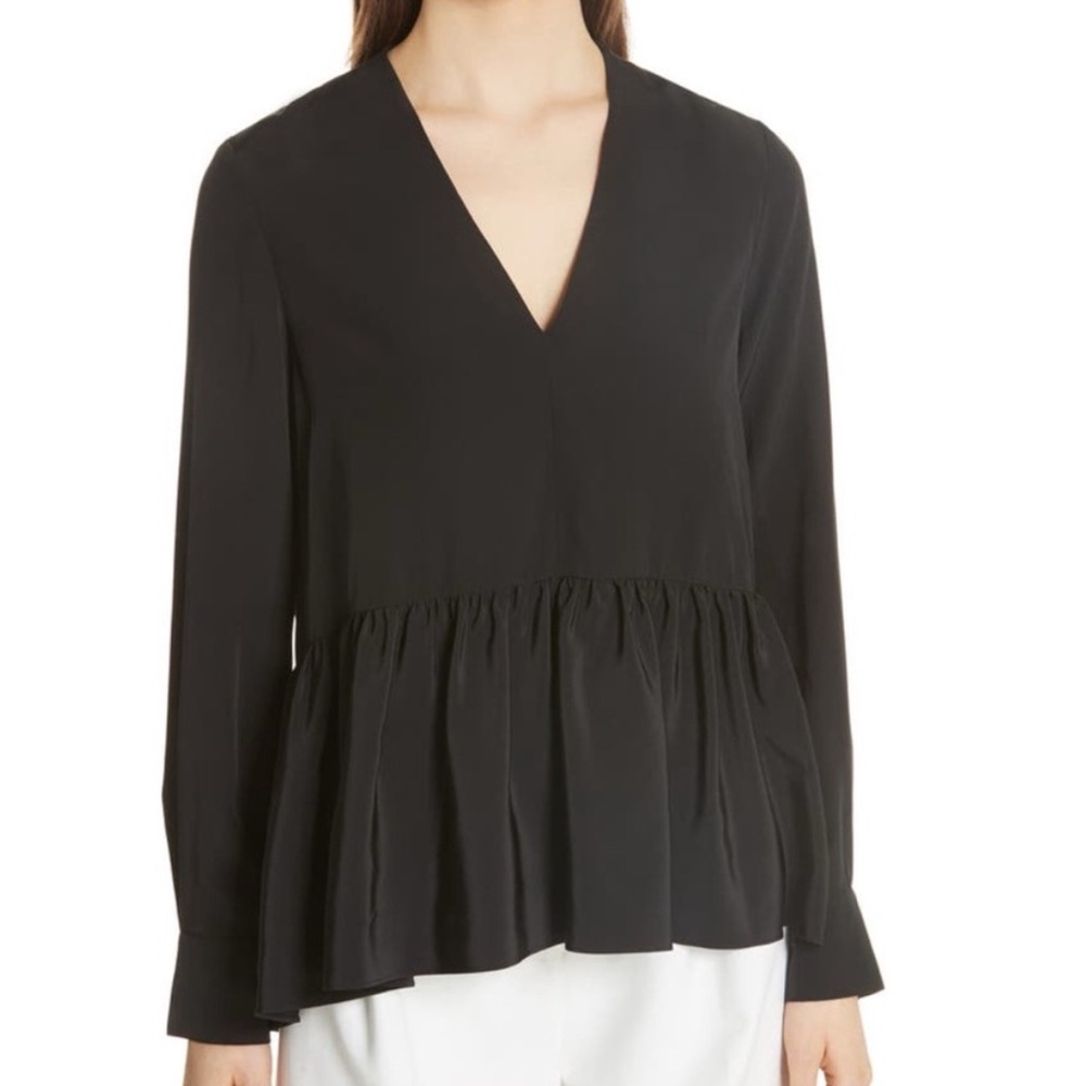 Tibi Black V-Neck Peplum Silk Blouse